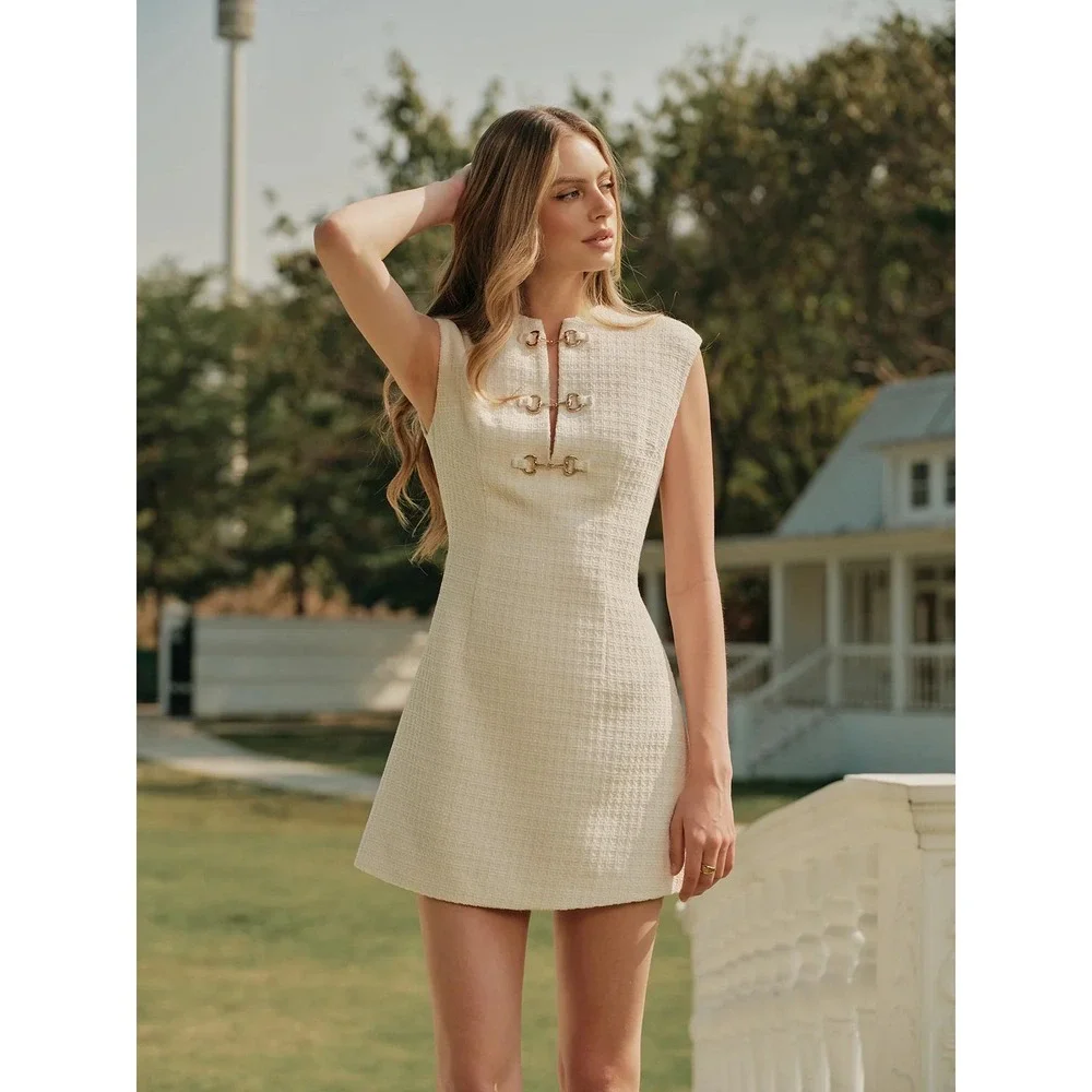 Commense Tweed Mini Dress Sleeveless Gold Buckle Detail Ivory Party Cocktail M‎ - Picture 3 of 17